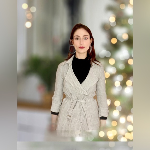 Max Studio London Light Grey Crinkled Belted Double Breasted Duster Dress Size M - Picture 3 of 12